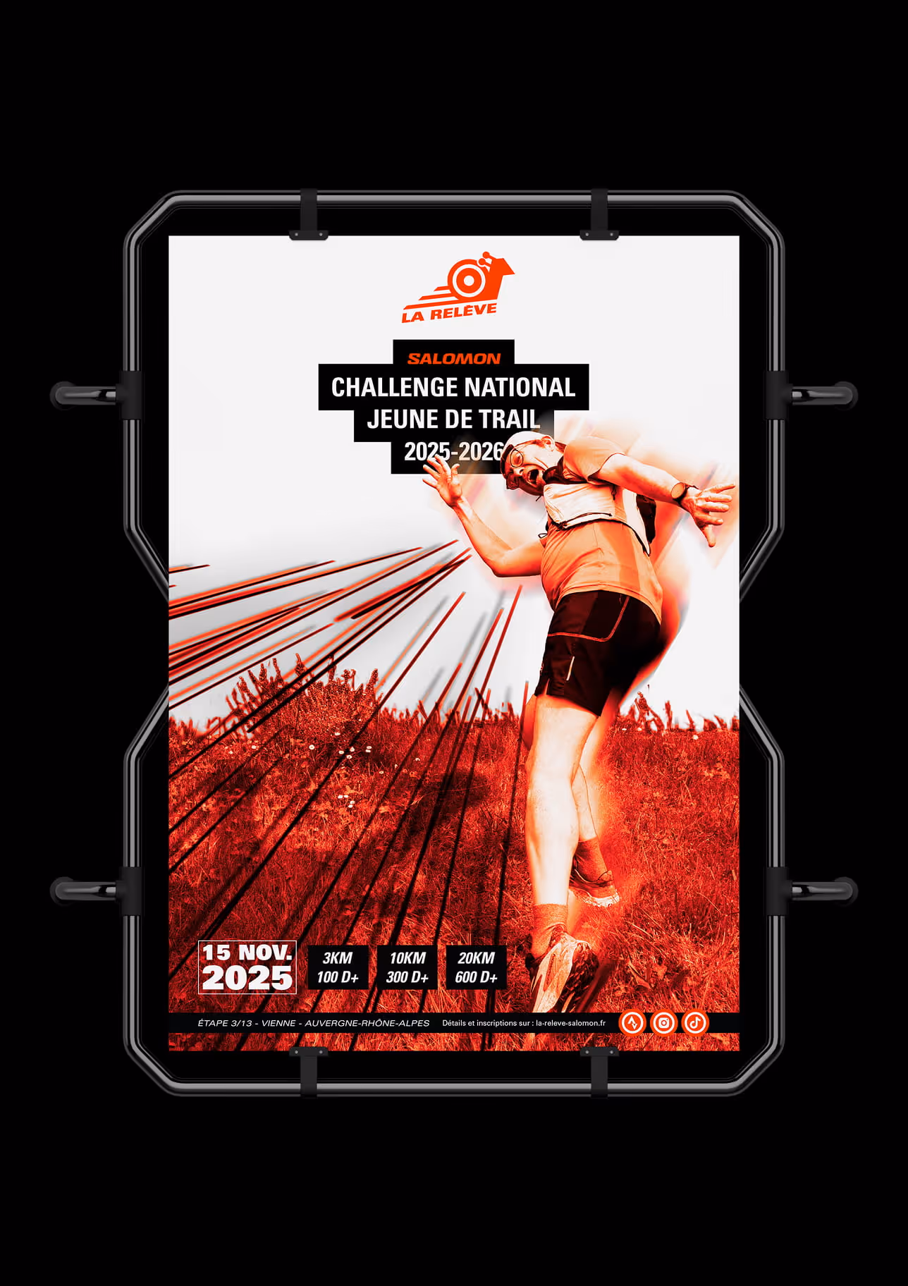 Poster for Salomon Challenge National Jeune de Trail 2025-2026 featuring a runner on a red grass hill and race details for November 15, 2025.