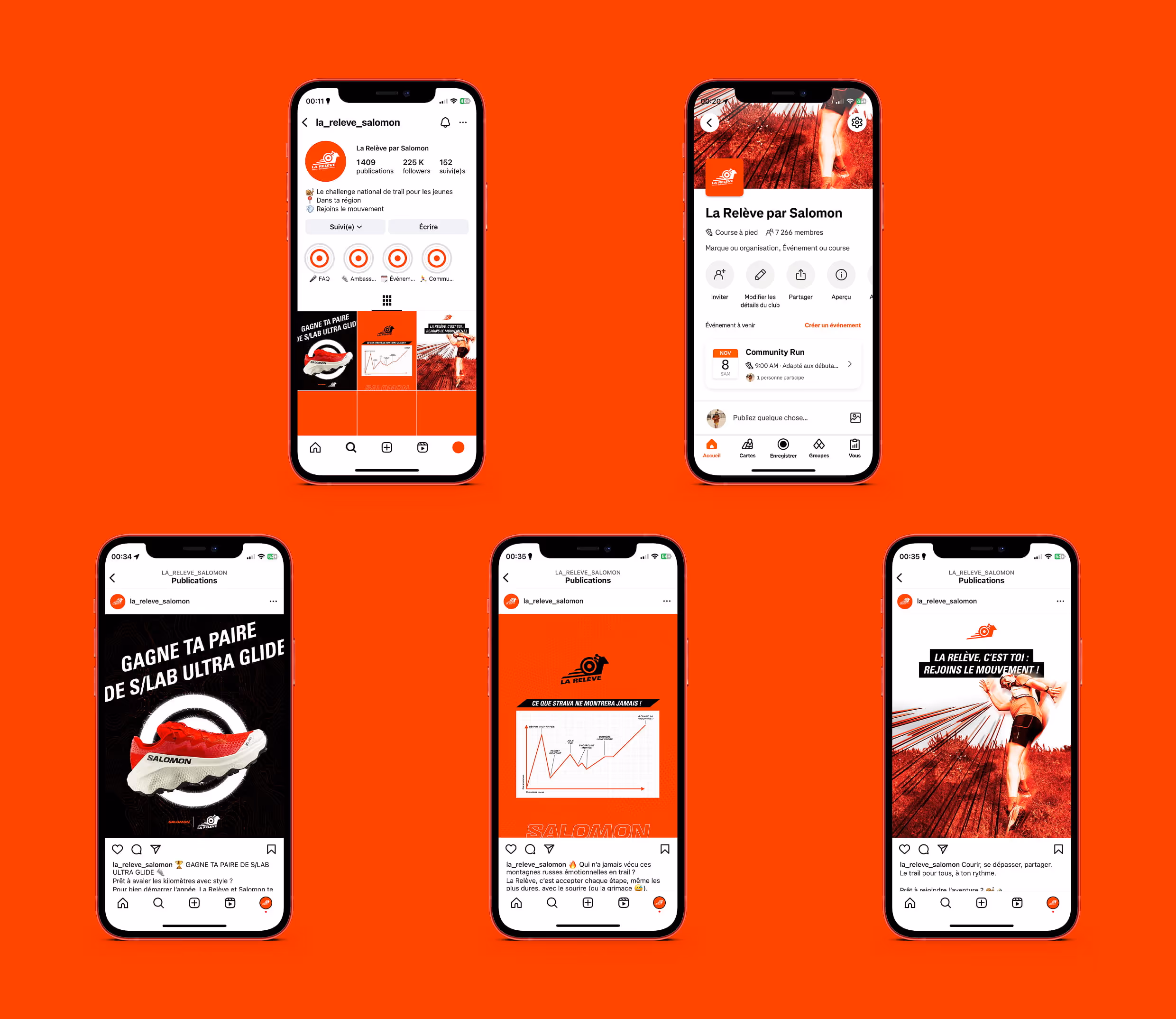 Maquettes Instagram La Relève présentant l’identité visuelle du challenge de trail