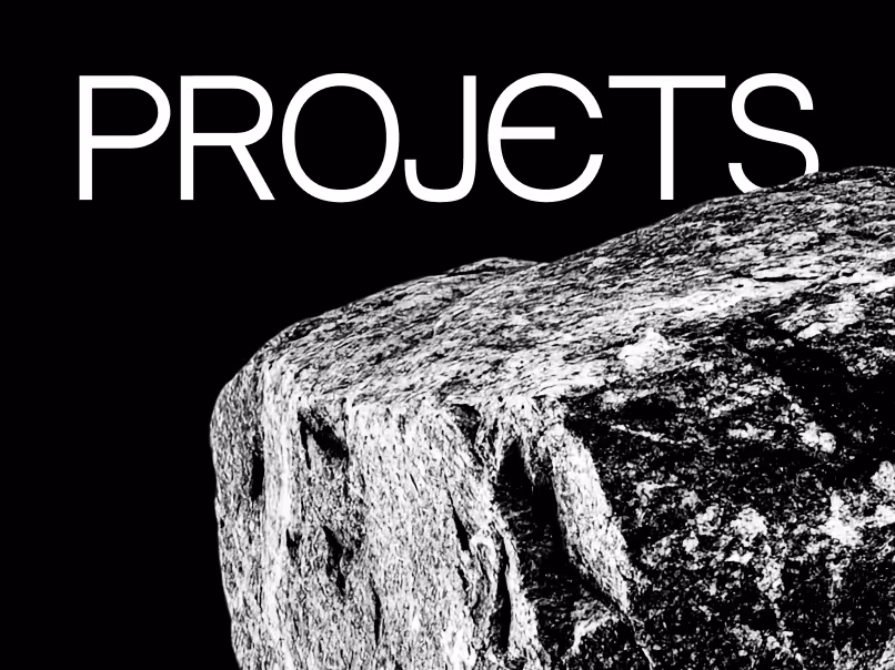 Close-up of a textured rock with the word PROJECTS in large white capital letters above it on a black background.