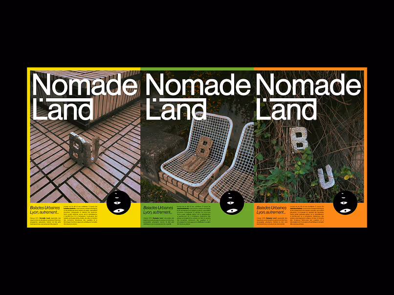 Triptych poster with three photos of concrete letters B and U arranged on bricks and chairs, titled 'Nomade Land' with colorful yellow, green, and orange blocks containing text at the bottom.