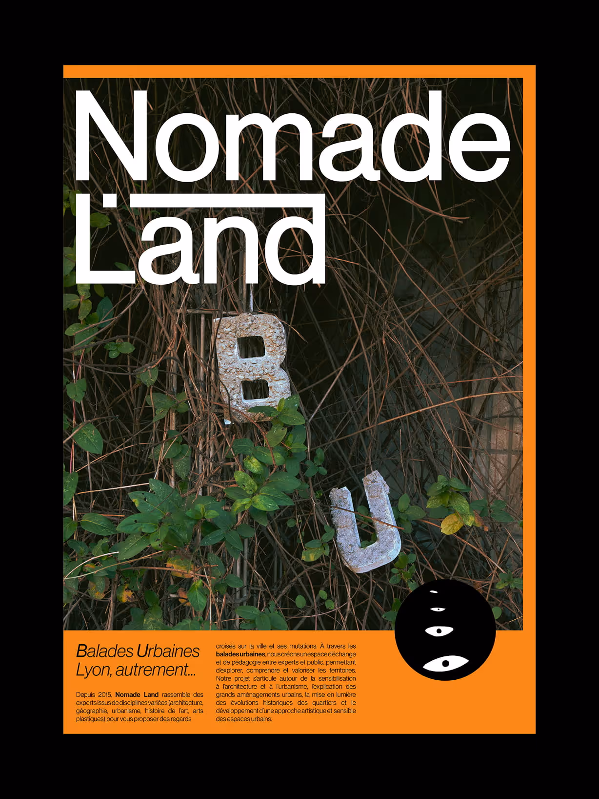 Affiche Nomade Land, avec une vue sur de la végétation intégrant l’espace urbain